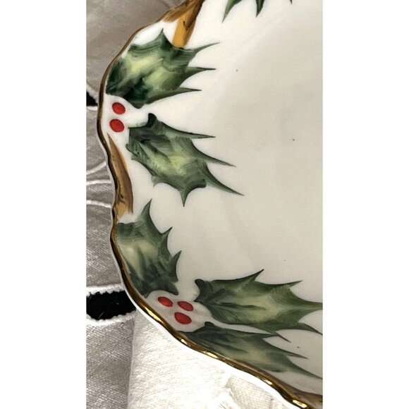Lefton China Winter Holly Berry Handpainted Candy Mint & Tidbit Tray 1950s VTG - Picture 6 of 10